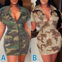 Fashion Camouflage Printed Stand Collar Cap Sleeve Patch Pockets Shirt Dress