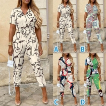 Fashion Floral Printed Stand Collar Short Sleeve Jumpsuit