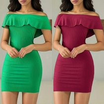 Sexy Ruffle Off-the-shoulder Ribbed Bodycon Dress