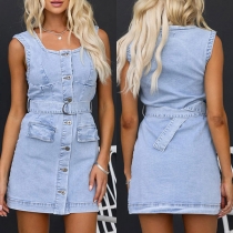 Fashion Square Neck Sleeveless Front Button Self-tie Old-washed Denim Dress