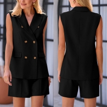 Fashion Double-breasted Two-piece Suit Set Consist of Lapel Sleeveless Vest and Shorts