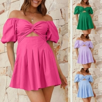 Fashion Solid Color Off-the-shoulder Short Sleeve Front Cutout Mini Dress