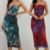 Fashion Gradient Color Strapless Side Slit Bodycon Dress