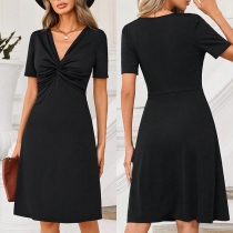 Fashion Ruched V-neck Short Sleeve Black Dress
