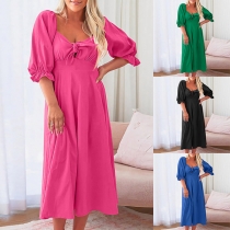 Fashion Solid Color Self-tie Square Neck Elbow Sleeve High-rise Midi Dress