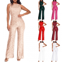 Fashion Bling-bling Sequined Round Neck Sleeveless Straight-cut Jumpsuit