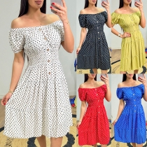 Fashion Dot Printed Off-the-shoulder Short Sleeve Front Button Dress