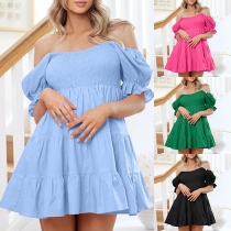 Fashion Solid Color Smocked Bodice Square Neck Puff Short Sleeve Tiered Mini Dress
