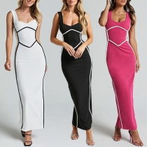 Fashion Contrast Color V-neck Sleeveless Bodycon Maxi Dress