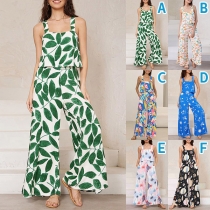 Fashion Floral Printed Two-piece Set Consist of Crop Top and Wide-leg Pants