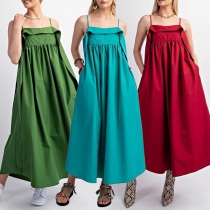 Fashion Ruffle Square Neck Side Pockets Loose Cami Dress