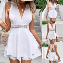 Fashion V-neck Sleeveless Lace Spliced Hollowout Romper