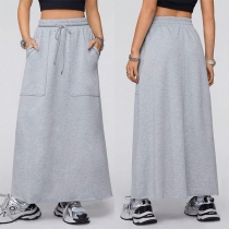 Casual Solid Color Drawstring Elastic Waist Patch Pockets Maxi Sweat-skirt