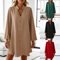 Fashion V-neck Front Button Long Sleeve Loose Dress