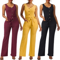 Fashion Button Round Neck Sleeveless Button Self-tie Ribbed Jumpsuit