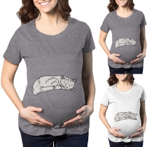 Cute Comfy Cat Printed Round Neck Short Sleeve Maternity Shirt
