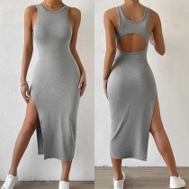 Sexy Round Neck Sleeveless Backless Side Slit Gray Dress