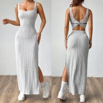 Sexy Round Neck Sleeveless Backless Side Slit Gray Dress