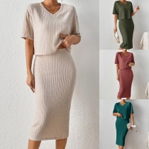 Fashion Ribbed Two-piece Set Consist of Shirt and Skirt