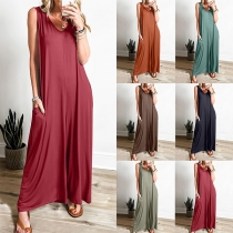 Casual Solid Color V-neck Sleeveless Wide-leg Loose Jumpsuit