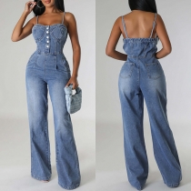 Sexy Front Button Sweetheart Neckline Straight-cut Old-washed Denim Jumpsuit