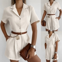 Fashion Stand Collar Short Sleeve Front Button Romper