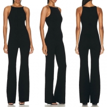 Elegant Solid Color Round Neck Sleeveless Straight-cut Jumpsuit