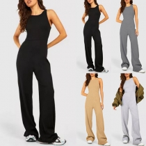 Elegant Solid Color Round Neck Sleeveless Straight-cut Jumpsuit