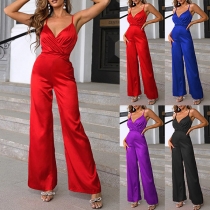 Fashion Solid Color V-neck Backless High-rise Straight-cut Jumpsuit