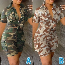 Fashion Camouflage Printed Two-piece Set Consist of Self-tie Crop Top and Shorts with Patch Pockets