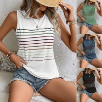 Casual Colorful Stripe Printed Round Neck Sleeveless Shirt