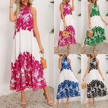 Fashion Contrast Color Floral Printed Halterneck Midi Dress