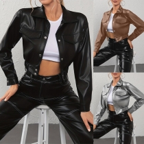 Fashion Artificial Leather PU Long Sleeve Crop Jacket