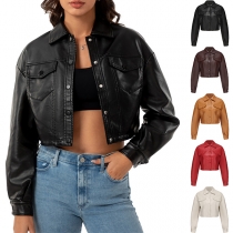 Fashion Artificial Leather PU Long Sleeve Crop Jacket