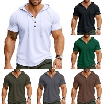 Fashion Solid Color Short Sleeve Drawstring Hooded Shirt for Men