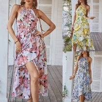 Bohemian Style Floral Printed Halter Neck Sleeveless Slit Dress
