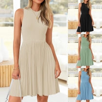 Fashion Solid Color Round Neck Sleeveless Pleated Mini Dress