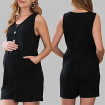 Casual Comfy Solid Color Button V-neck Sleeveless Maternity Romper