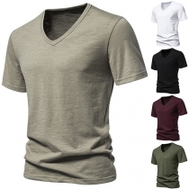 Casual Solid Color V-neck Short Sleeve Shirt for Men