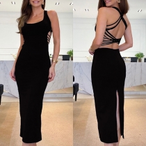 Sexy Square Neck Criss-cross Backless Back Slit Bodycon Dress