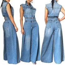 Fashion Stand Collar Sleeveless Wide-leg Old-washed Denim Jumpsuit