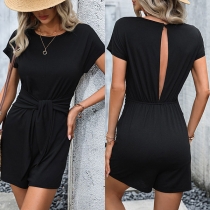Casual Round Neck Short Sleeve Backless Self-tie Waist Romper
