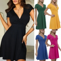 Fashion Solid Color V-neck Short Sleeve Mini Dress