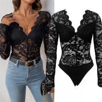Sexy V-neck Long Sleeve Lace Bodysuit