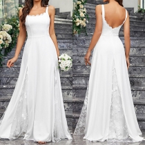 Elegant Lace Spliced Square Neck Backless Maxi Wedding Dress
