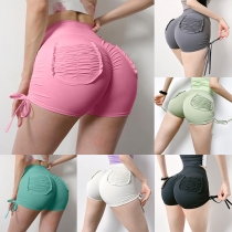 Fashion High-rise Side Drawstring Ruched Patch Pockets Workout Yoga Shorts