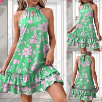 Fashion Floral Printed Halter Neck Sleeveless Ruffle Hemline Mini Dress