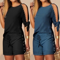 Fashion Bead Two-piece Set Consist of Short Sleeve Shirt and Drawstring Shorts