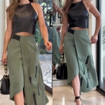 Fashion Two-piece Set Consist of Artificial Leather PU Crop Top and Slit Skirt