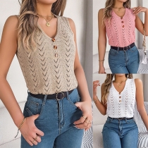 Fashion Button V-neck Hollow Out Knitted Sleeveless Shirt